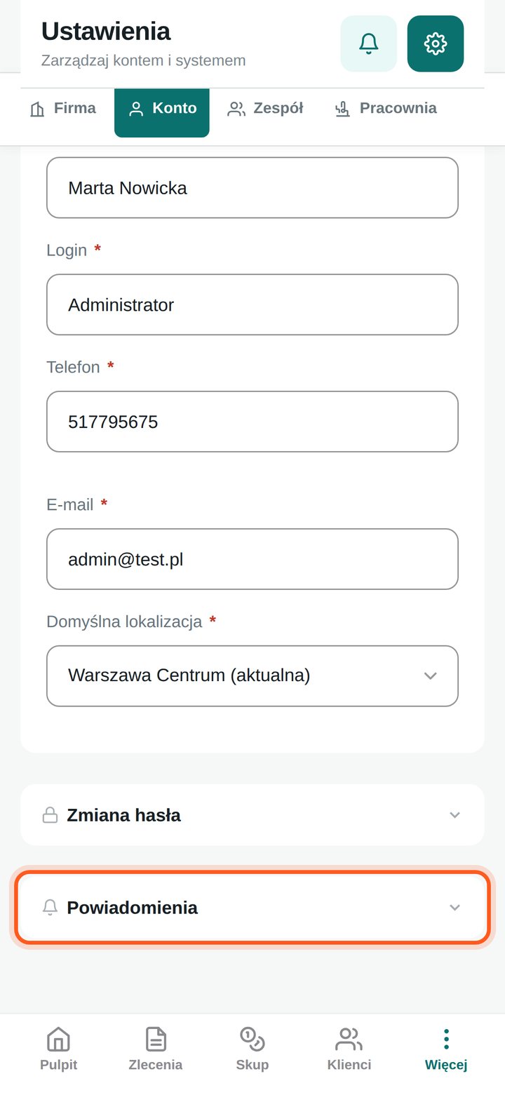 Lista sekcji zakładki Konto z zaznaczoną sekcją Powiadomienia (telefon)