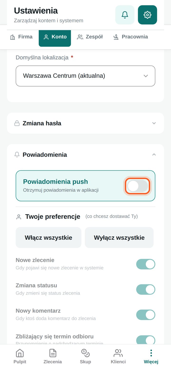Wyłączony przełącznik Powiadomienia push, przed kliknięciem (telefon)