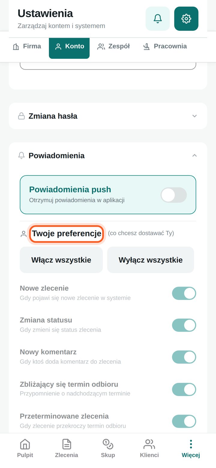 Lista przełączników w sekcji Twoje preferencje (telefon)