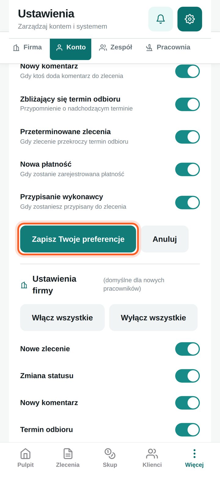Zaznaczony przycisk Zapisz Twoje preferencje (telefon)