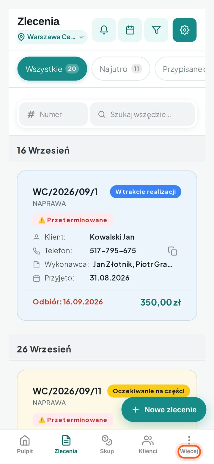 Zaznaczony przycisk Więcej w dolnym menu (telefon)