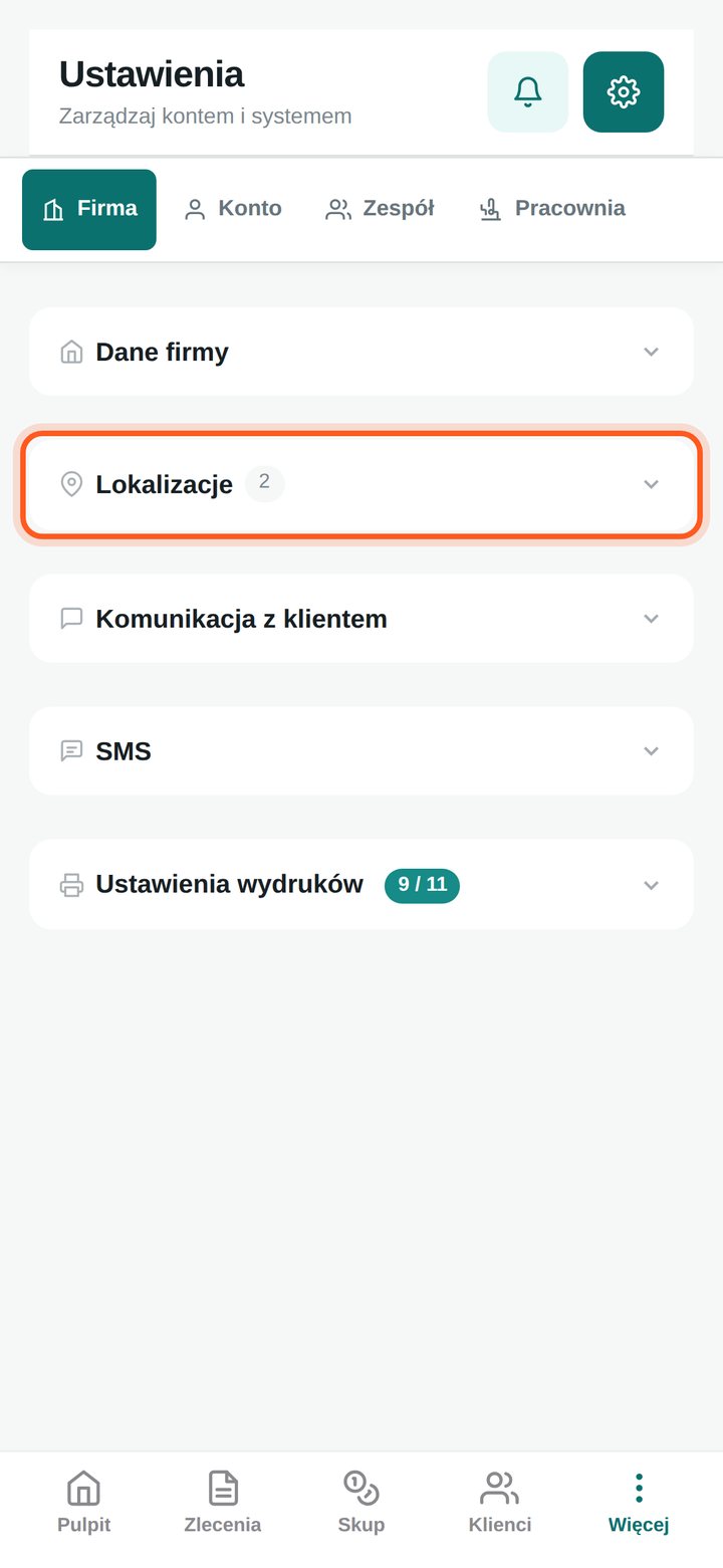 Lista sekcji Ustawień z zaznaczoną sekcją Lokalizacje (telefon)