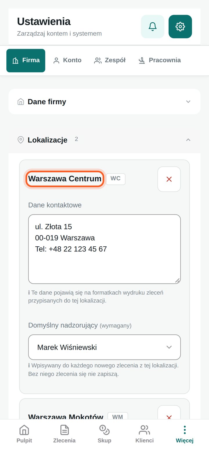 Karta istniejącego salonu Warszawa Centrum (telefon)