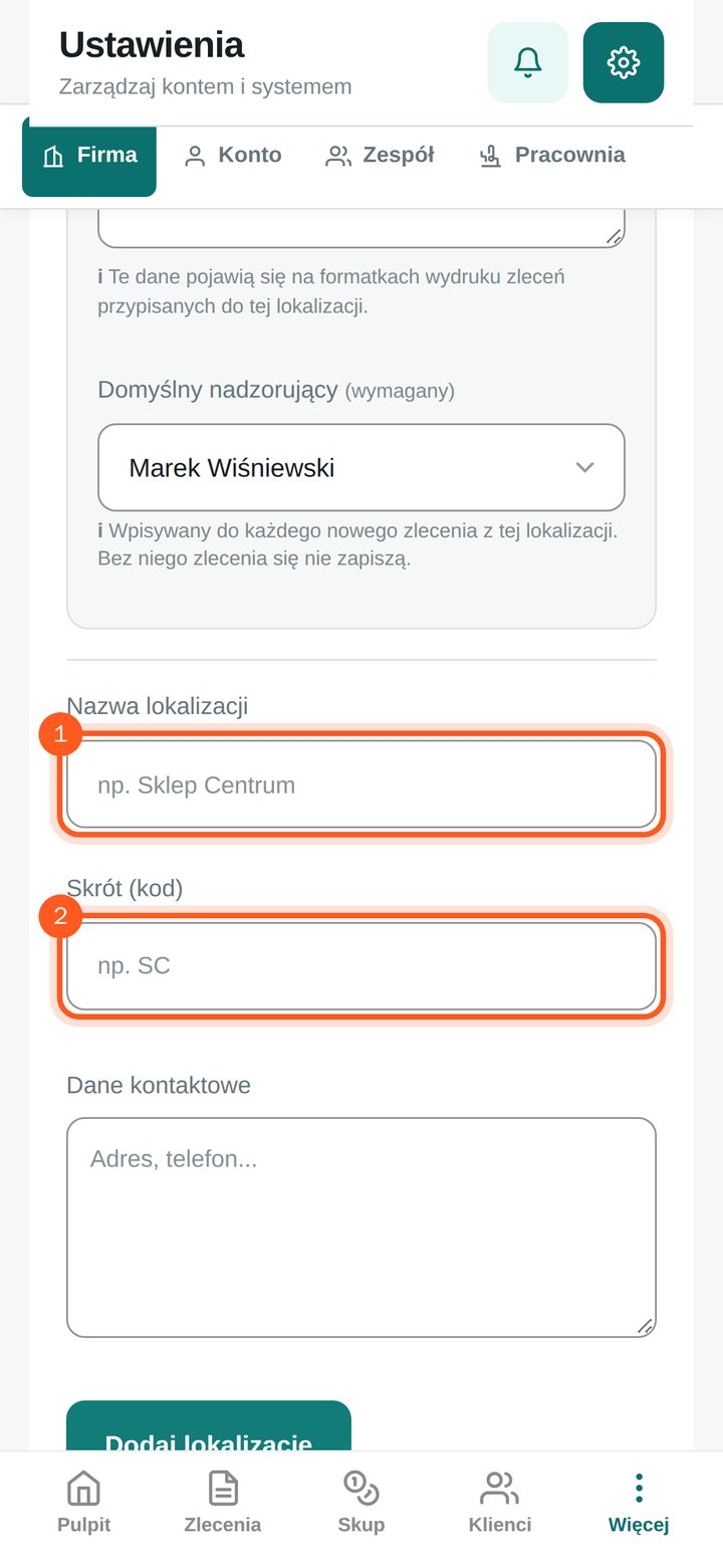 Pola Nazwa lokalizacji i Skrót (kod) nowego salonu (telefon)