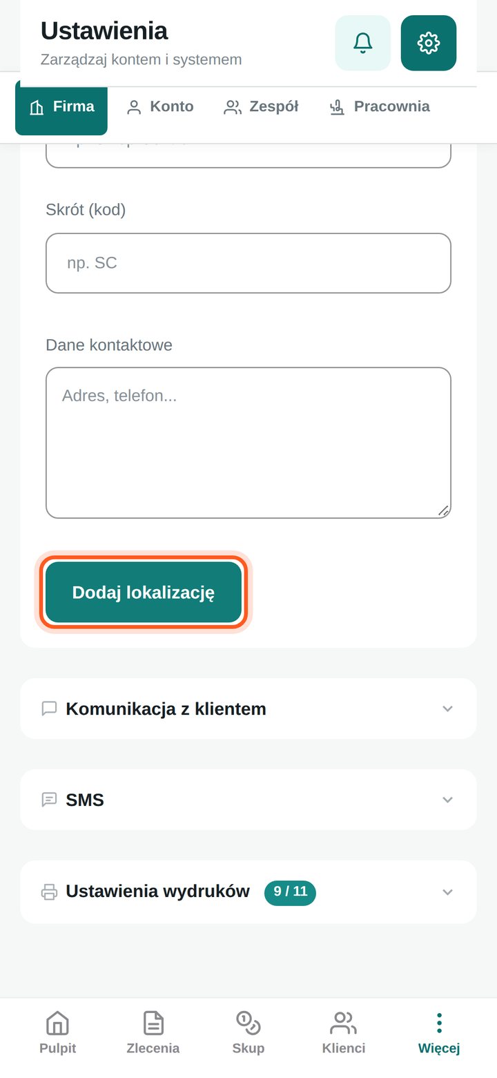Zaznaczony przycisk Dodaj lokalizację (telefon)