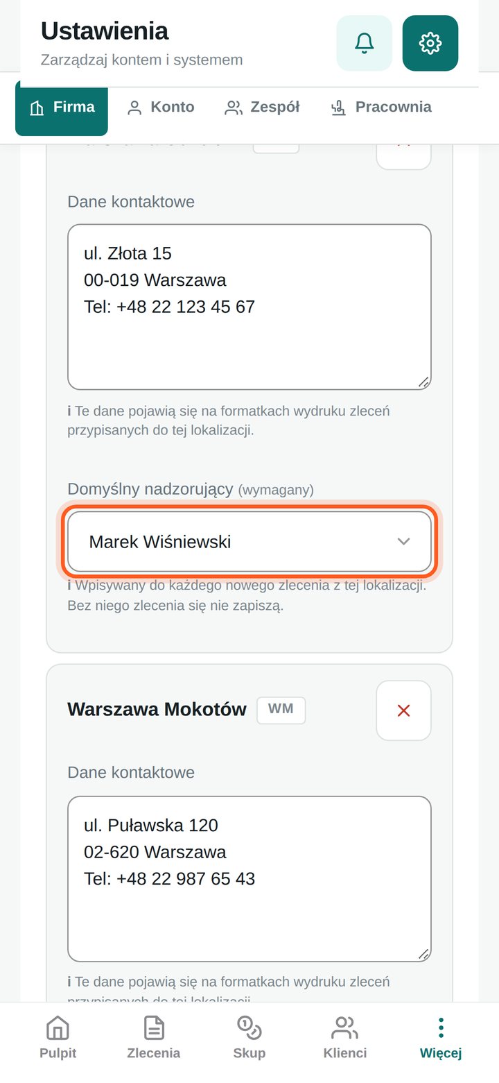 Pole Domyślny nadzorujący przy salonie (telefon)