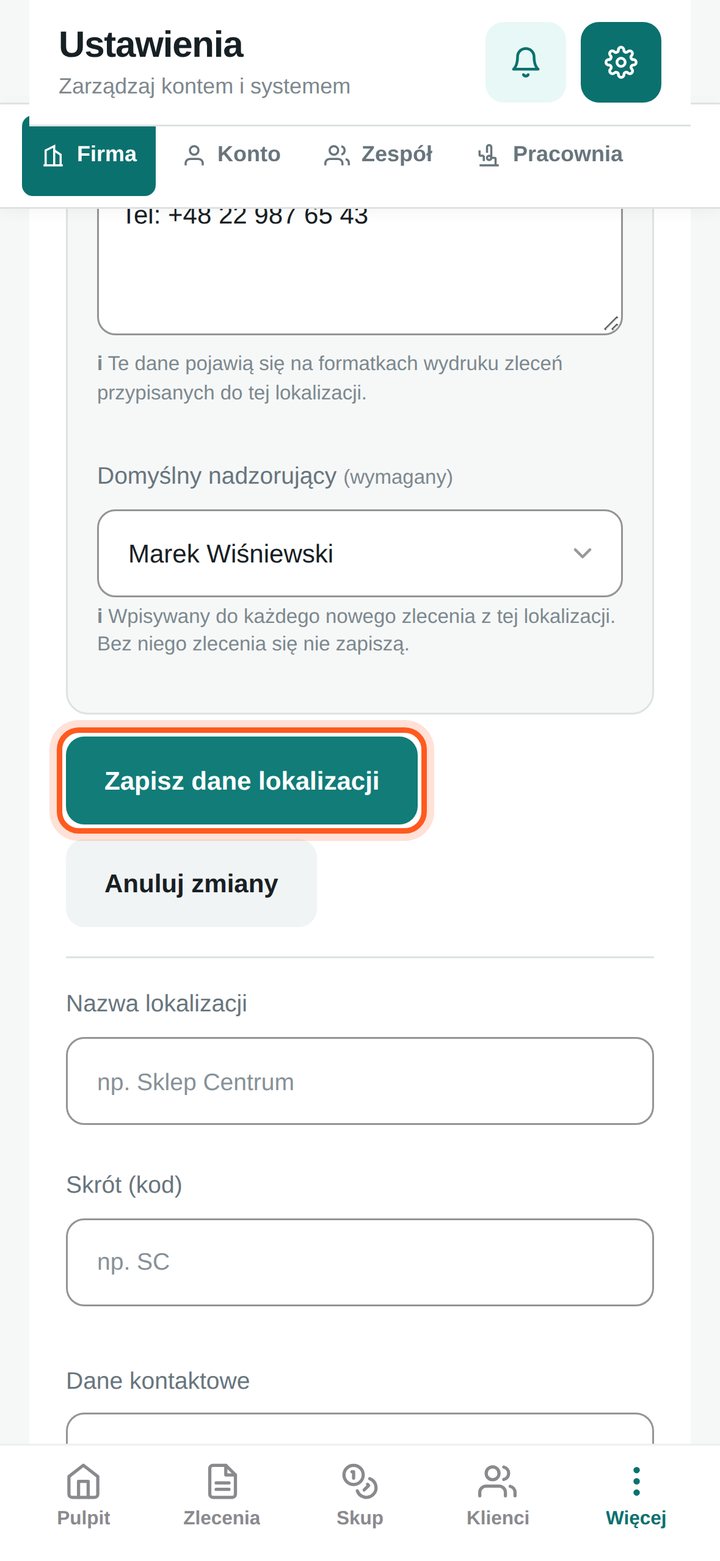 Zaznaczony przycisk Zapisz dane lokalizacji (telefon)
