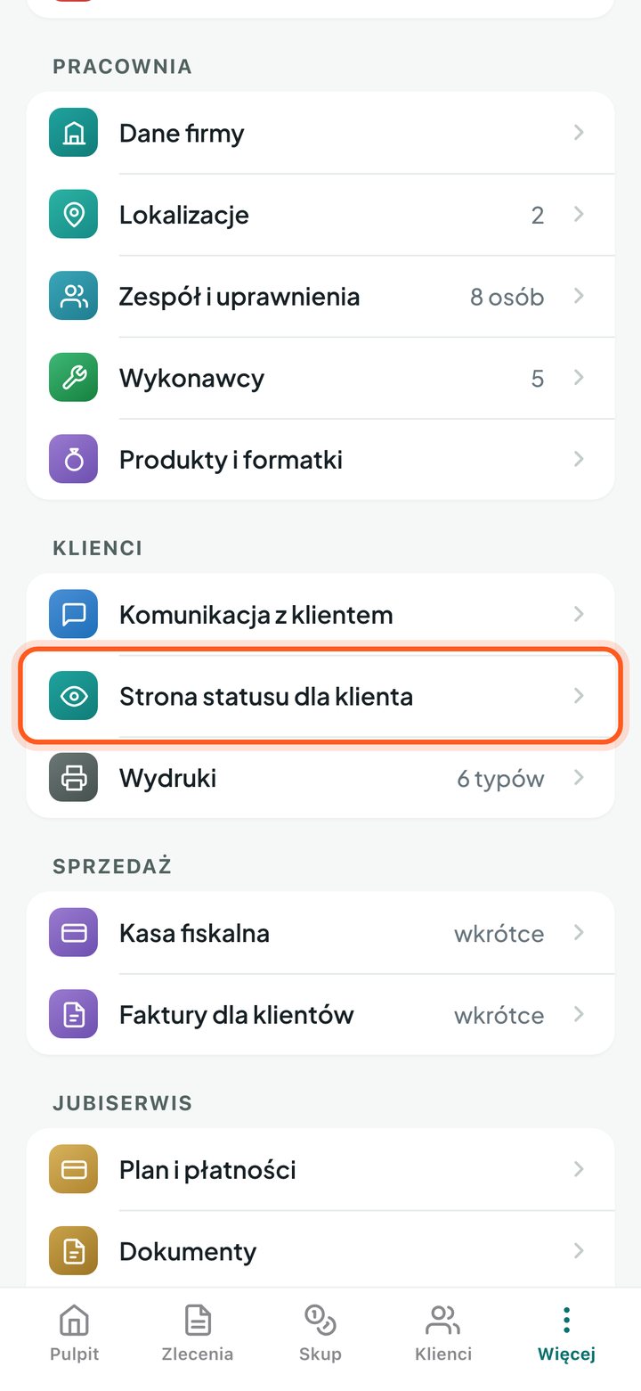 Lista Ustawień z zaznaczonym wierszem Strona statusu dla klienta (telefon)
