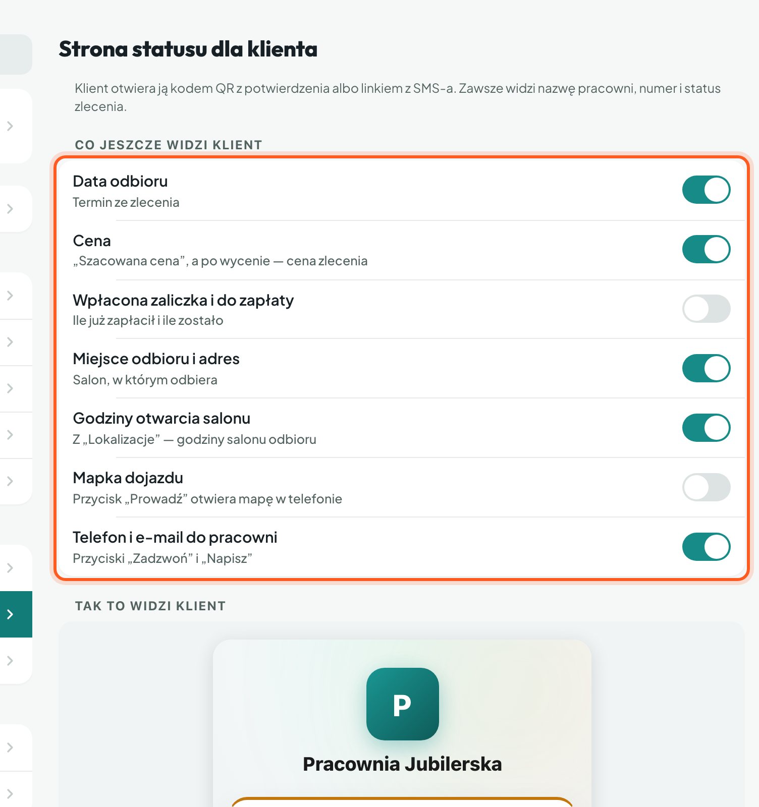 Przełączniki w części Co jeszcze widzi klient (komputer)