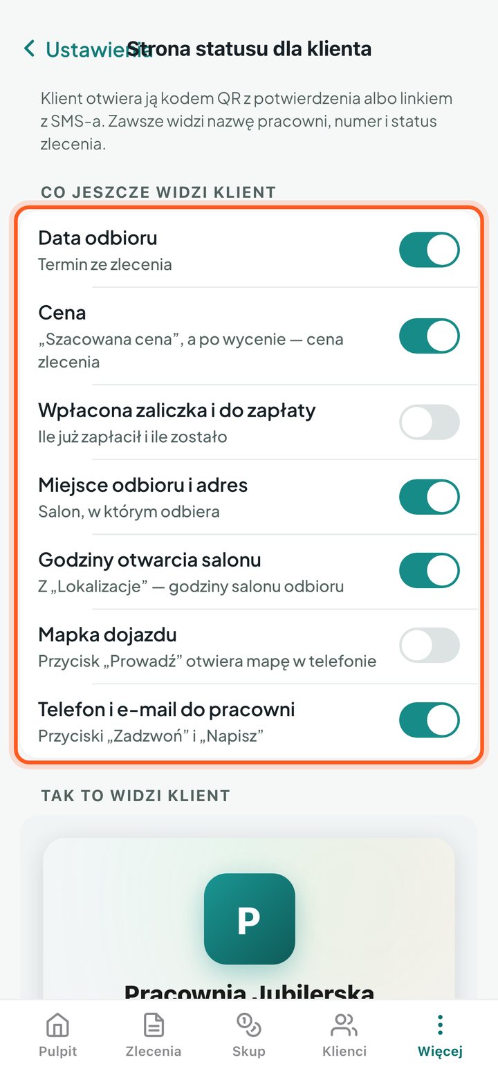 Przełączniki w części Co jeszcze widzi klient (telefon)