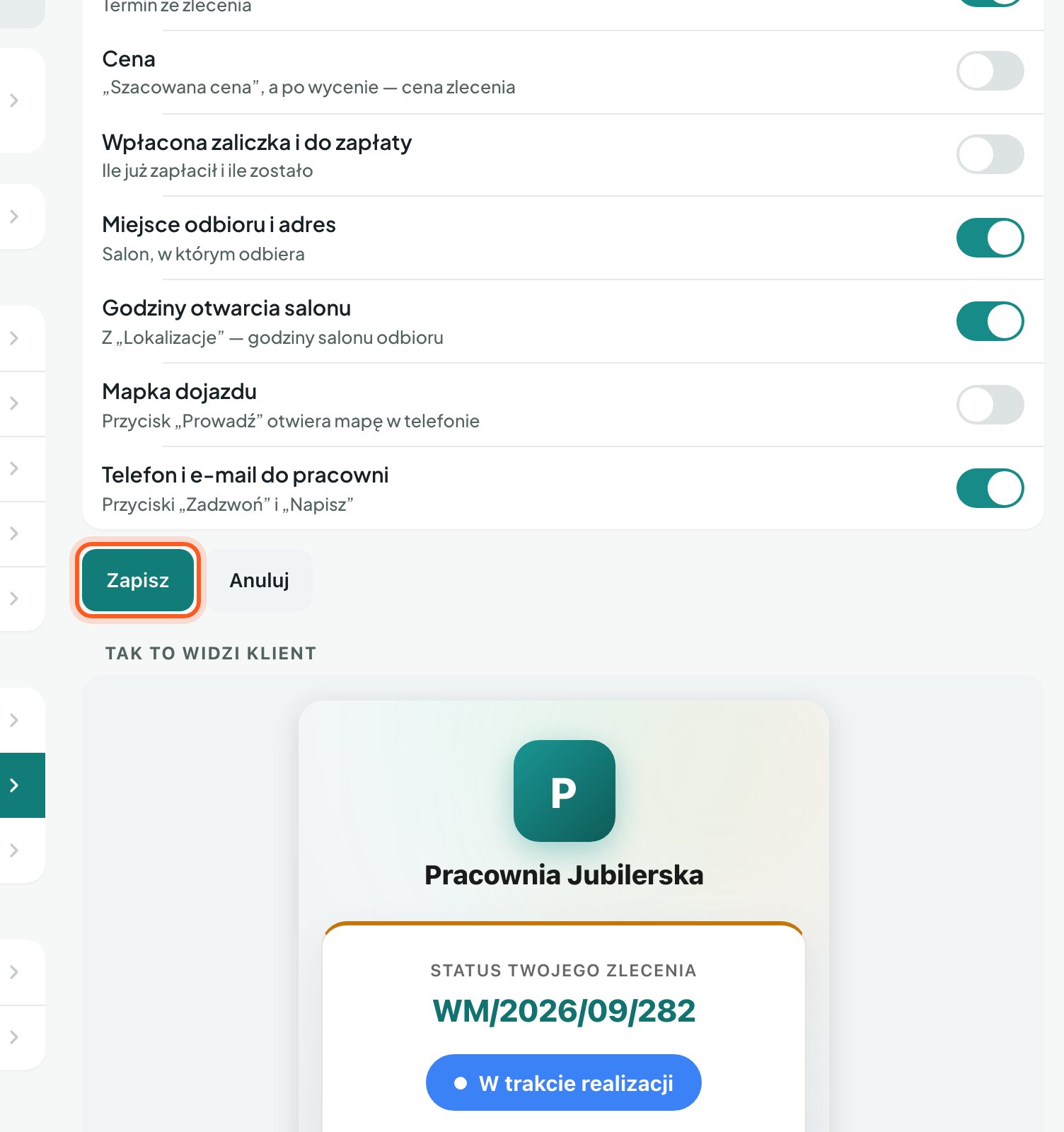 Zaznaczony przycisk Zapisz pod przełącznikami strony statusu (komputer)