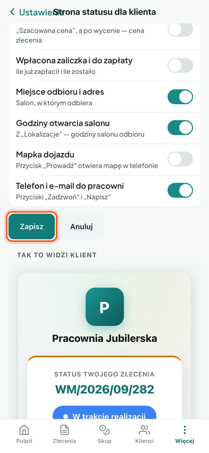Zaznaczony przycisk Zapisz pod przełącznikami strony statusu (telefon)