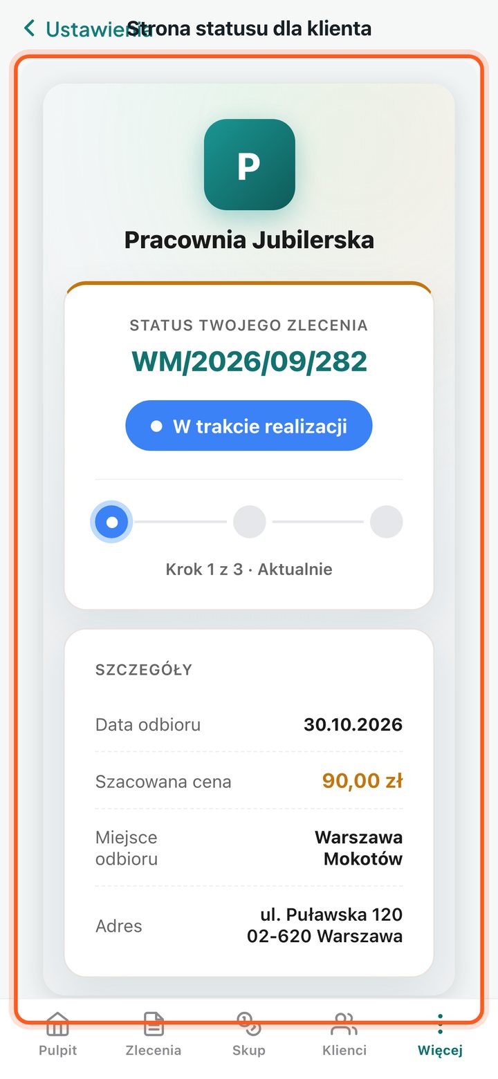 Podgląd strony statusu w części Tak to widzi klient (telefon)
