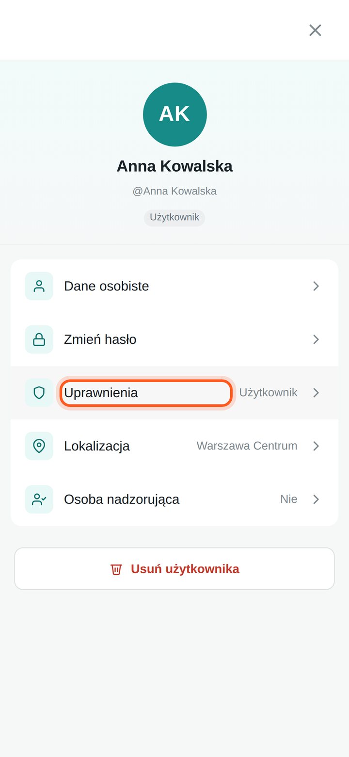 Karta osoby z zaznaczonym wierszem Uprawnienia (telefon)