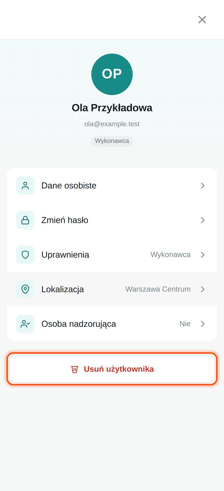 Edycja fikcyjnego konta z zaznaczonym przyciskiem Usuń użytkownika (telefon)