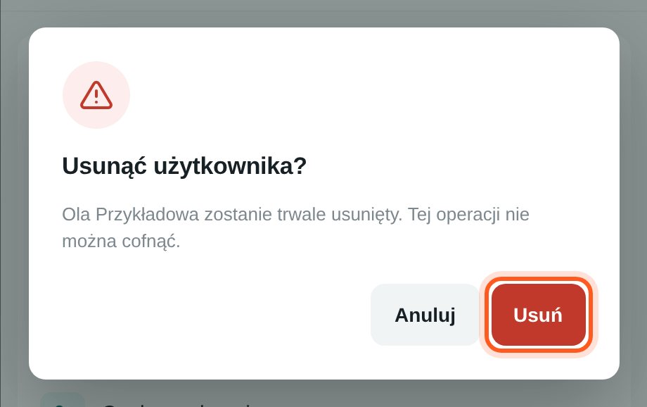 Okno potwierdzenia z zaznaczonym przyciskiem Usuń (komputer)