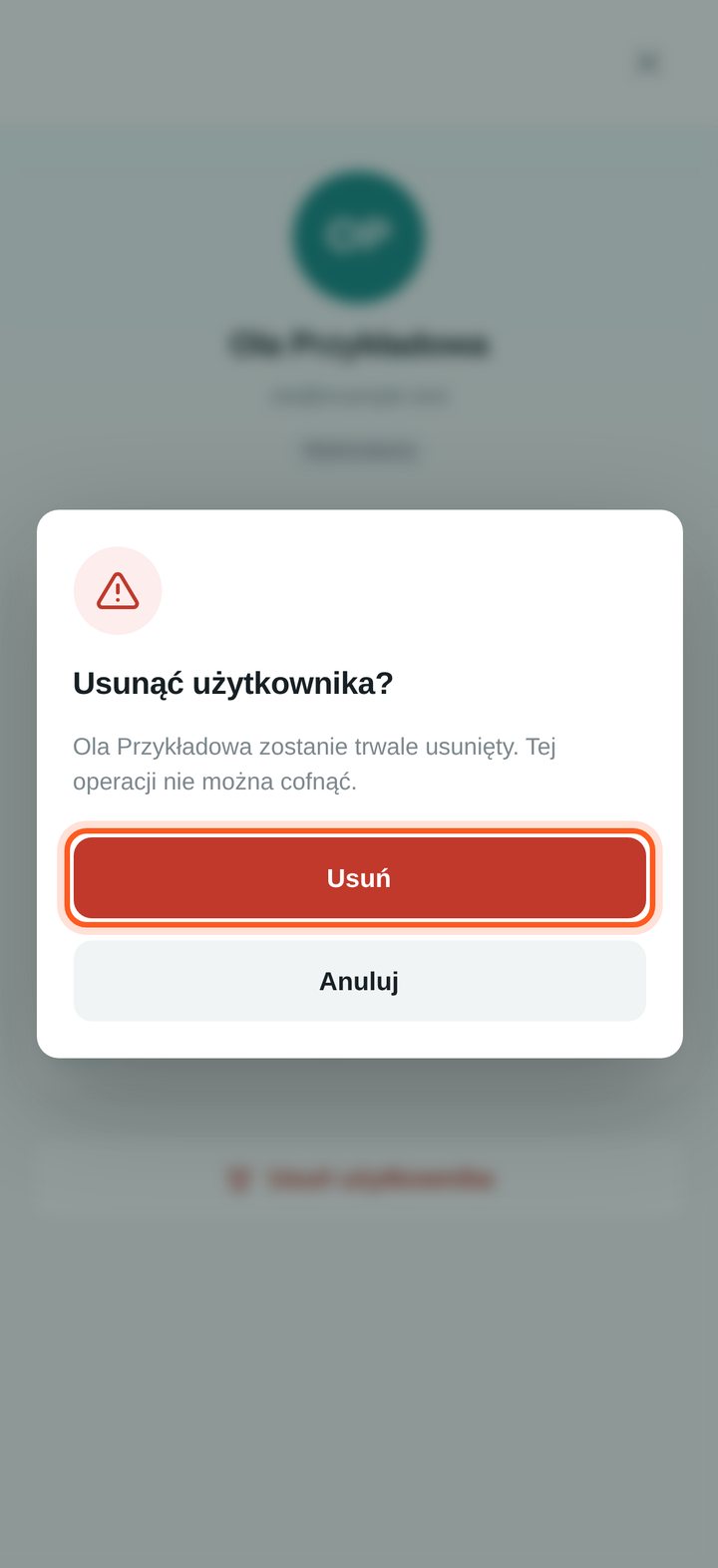 Okno potwierdzenia z zaznaczonym przyciskiem Usuń (telefon)