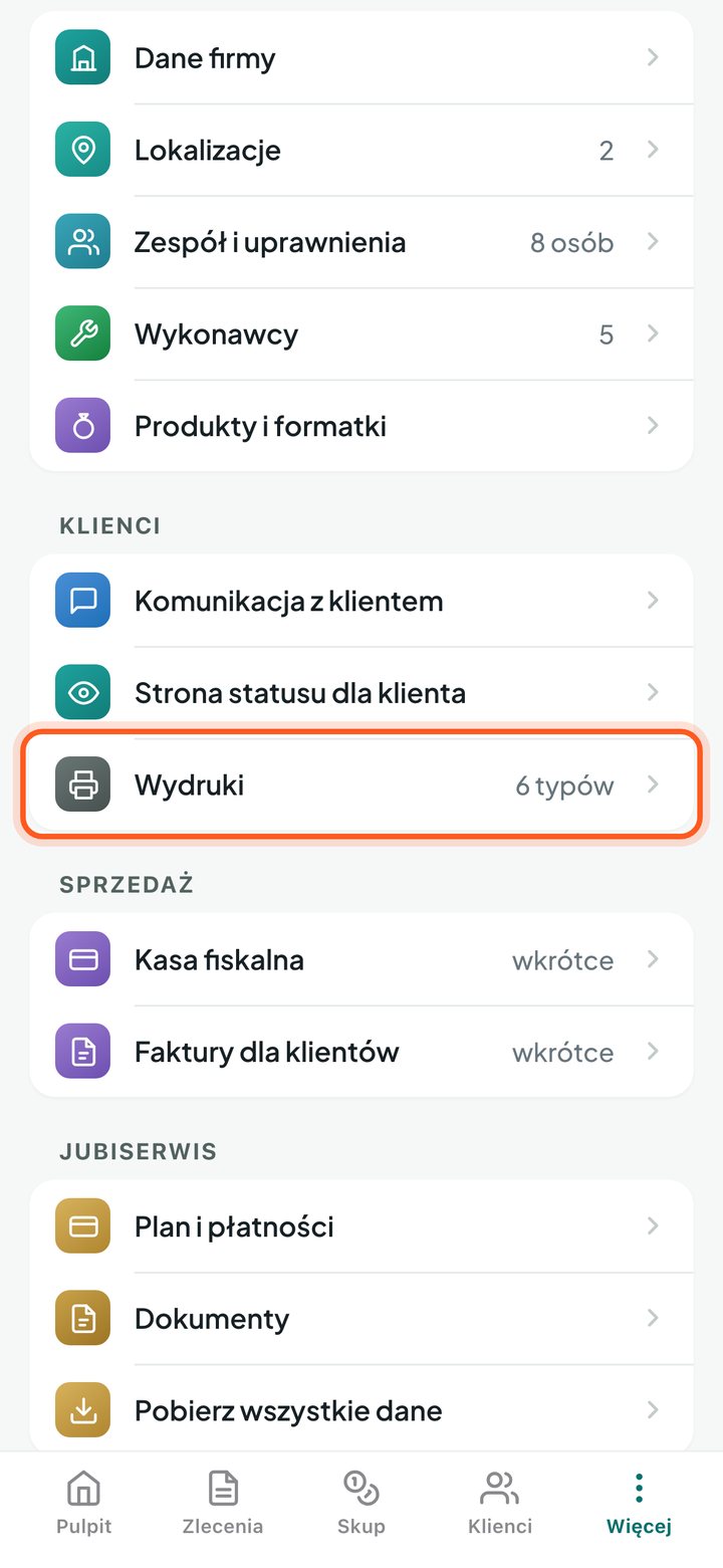 Lista Ustawień z zaznaczonym wierszem Wydruki (telefon)