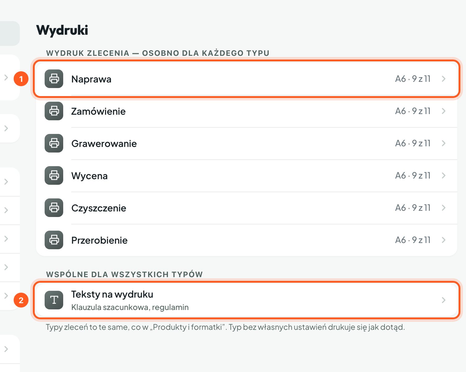Lista typów zleceń z zaznaczonym typem Naprawa i wierszem Teksty na wydruku (komputer)