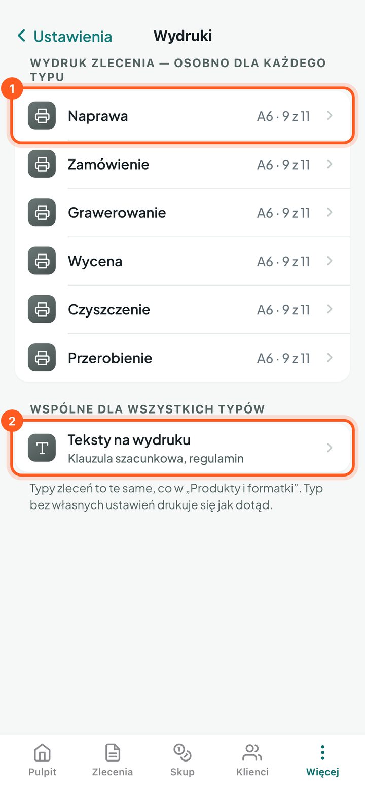 Lista typów zleceń z zaznaczonym typem Naprawa i wierszem Teksty na wydruku (telefon)