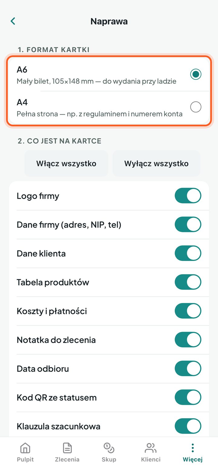 Ekran typu Naprawa z zaznaczonym wyborem formatu kartki A6 i A4 (telefon)