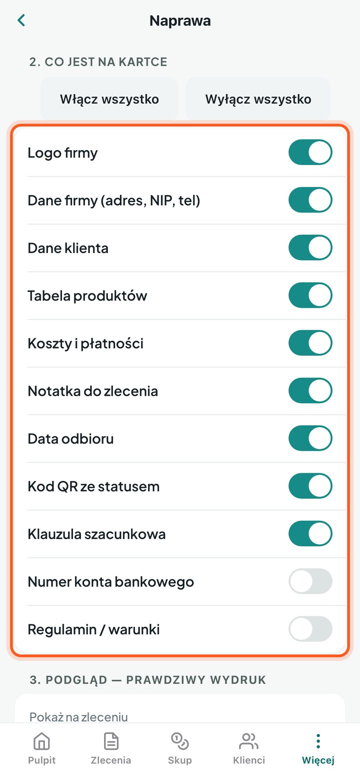 Przełączniki elementów wydruku w części Co jest na kartce (telefon)