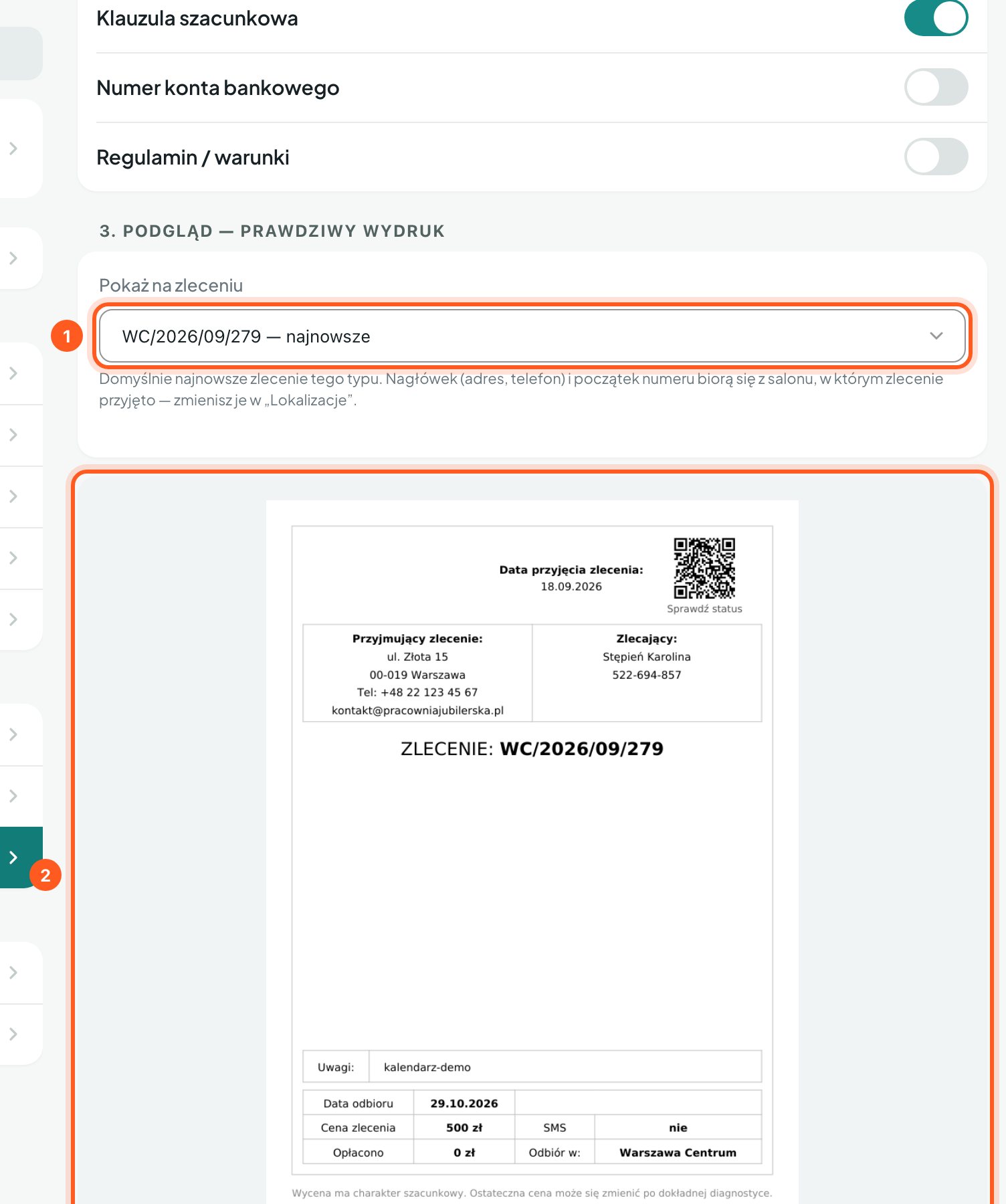 Lista Pokaż na zleceniu i podgląd prawdziwego wydruku zlecenia (komputer)