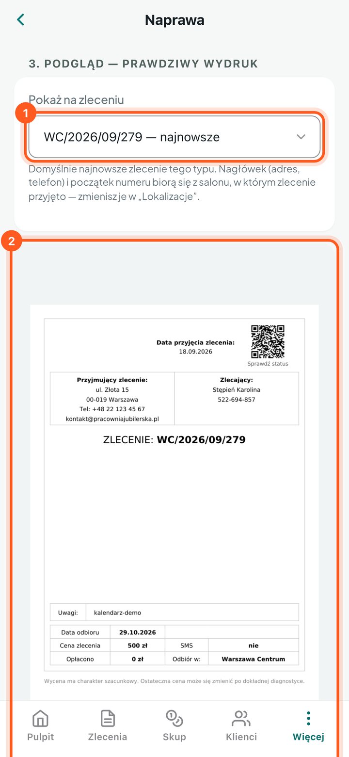 Lista Pokaż na zleceniu i podgląd prawdziwego wydruku zlecenia (telefon)