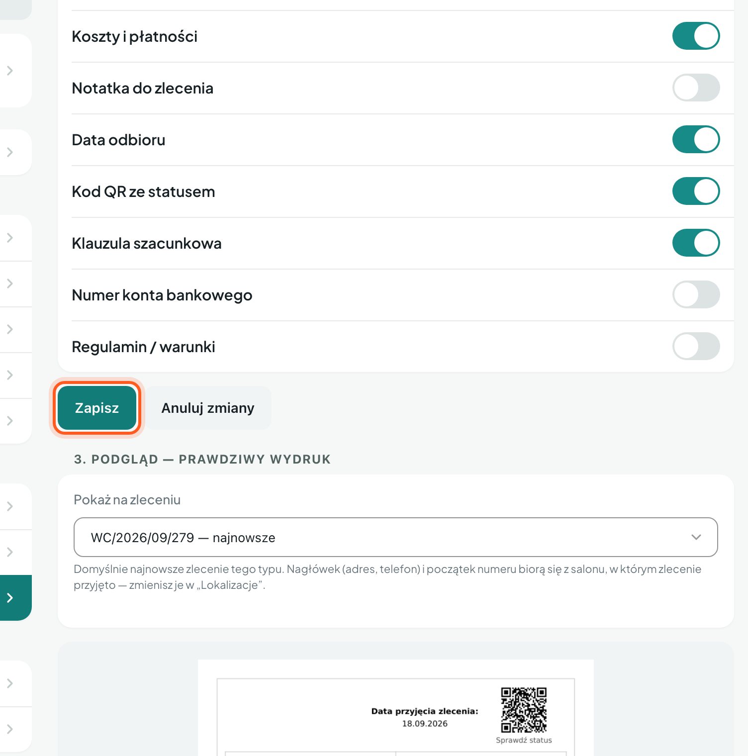 Zaznaczony przycisk Zapisz pod przełącznikami elementów wydruku (komputer)