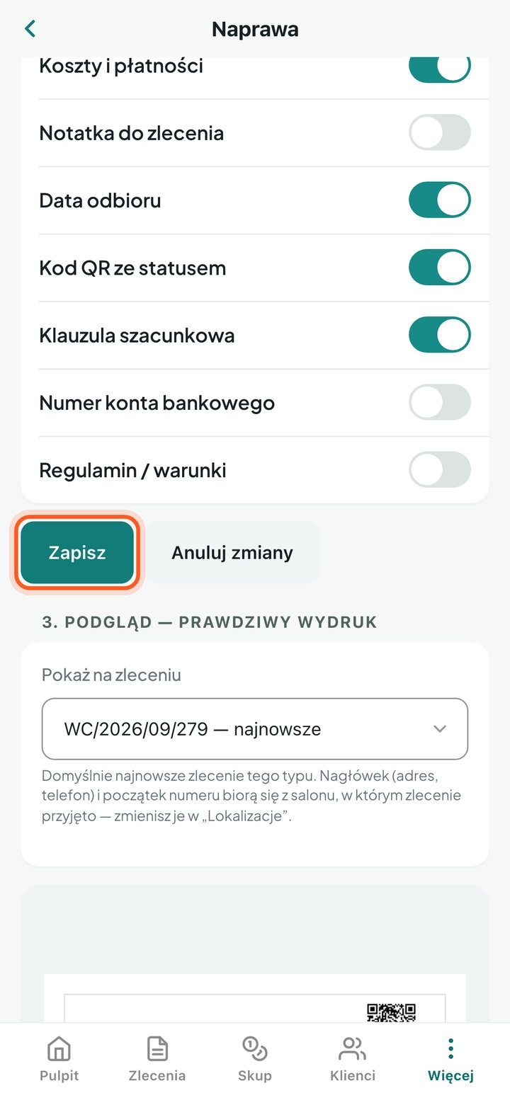 Zaznaczony przycisk Zapisz pod przełącznikami elementów wydruku (telefon)