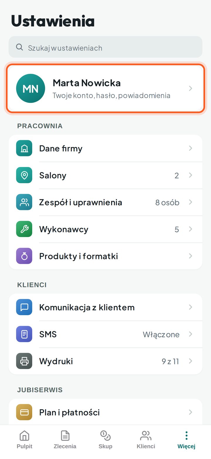 Lista Ustawień z zaznaczoną kartą konta na górze (telefon)
