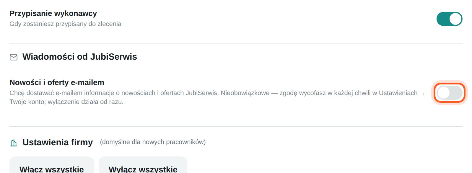 Część Wiadomości od JubiSerwis z zaznaczonym przełącznikiem Nowości i oferty e-mailem (komputer)