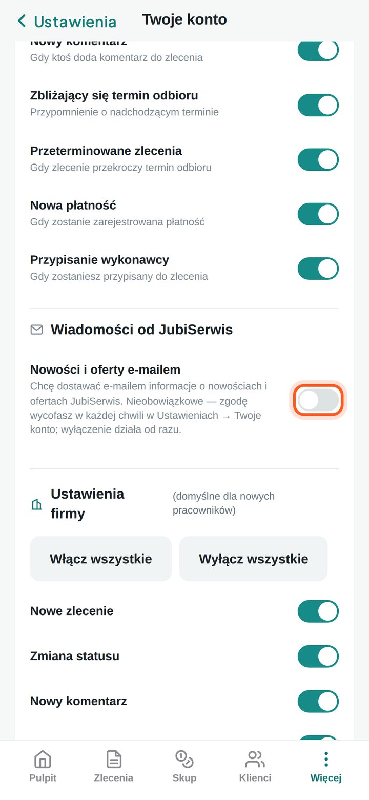Część Wiadomości od JubiSerwis z zaznaczonym przełącznikiem Nowości i oferty e-mailem (telefon)