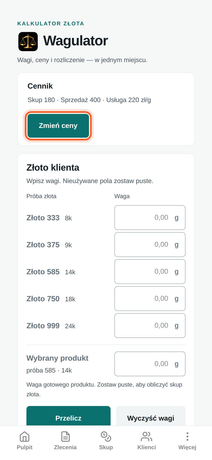 Ekran Wagulatora z zaznaczonym przyciskiem Zmień ceny (telefon)