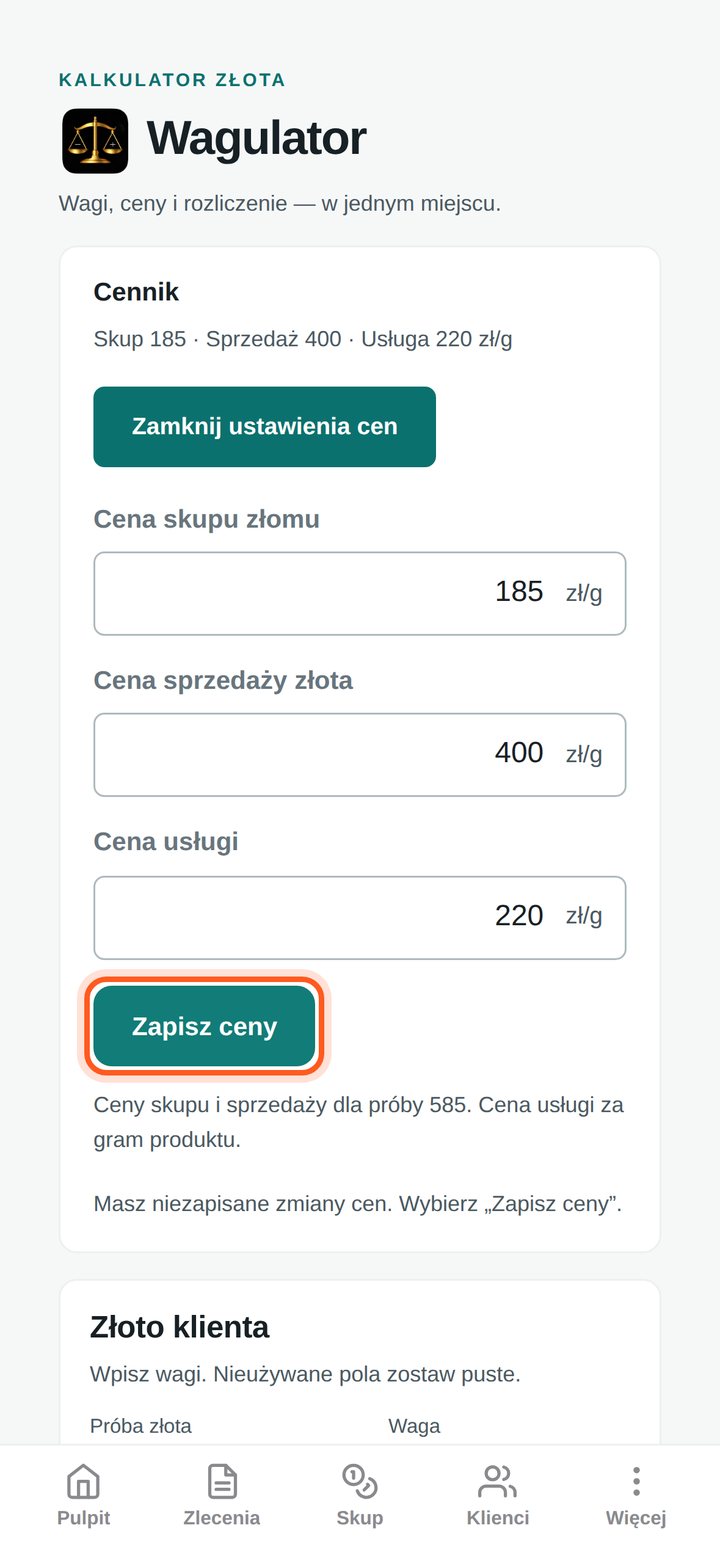 Zaznaczony przycisk Zapisz ceny (telefon)