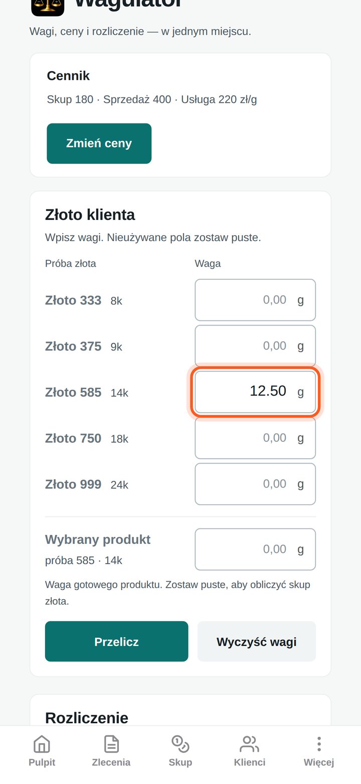 Pole wagi przy próbie Złoto 585 z wpisaną wartością 12.50 (telefon)