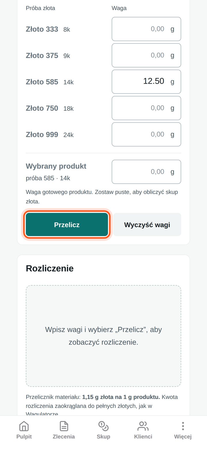 Zaznaczony przycisk Przelicz (telefon)