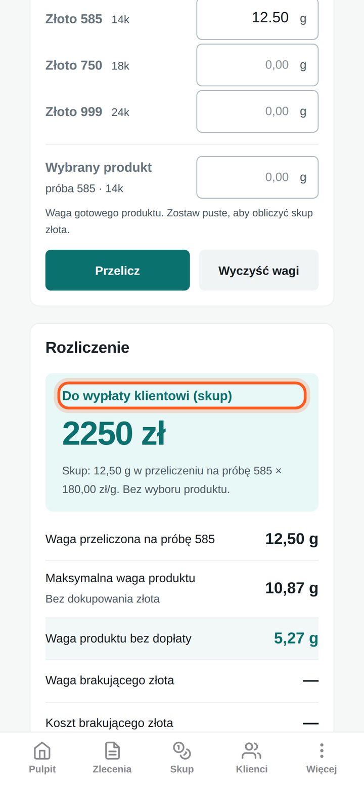 Panel Rozliczenie z wyliczoną kwotą do wypłaty klientowi (telefon)