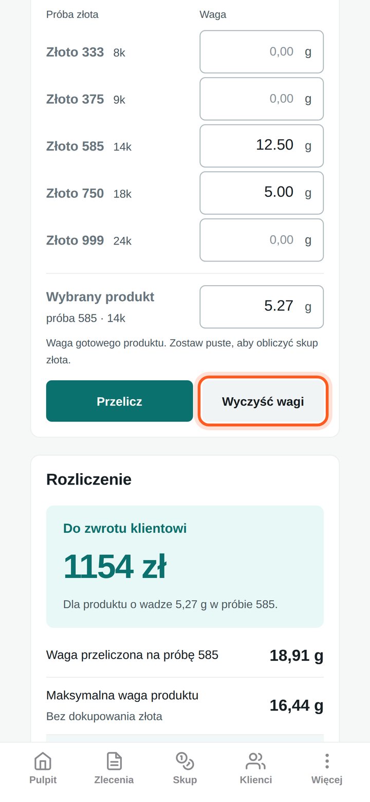 Zaznaczony przycisk Wyczyść wagi przy wypełnionych polach wag i widocznym rozliczeniu (telefon)