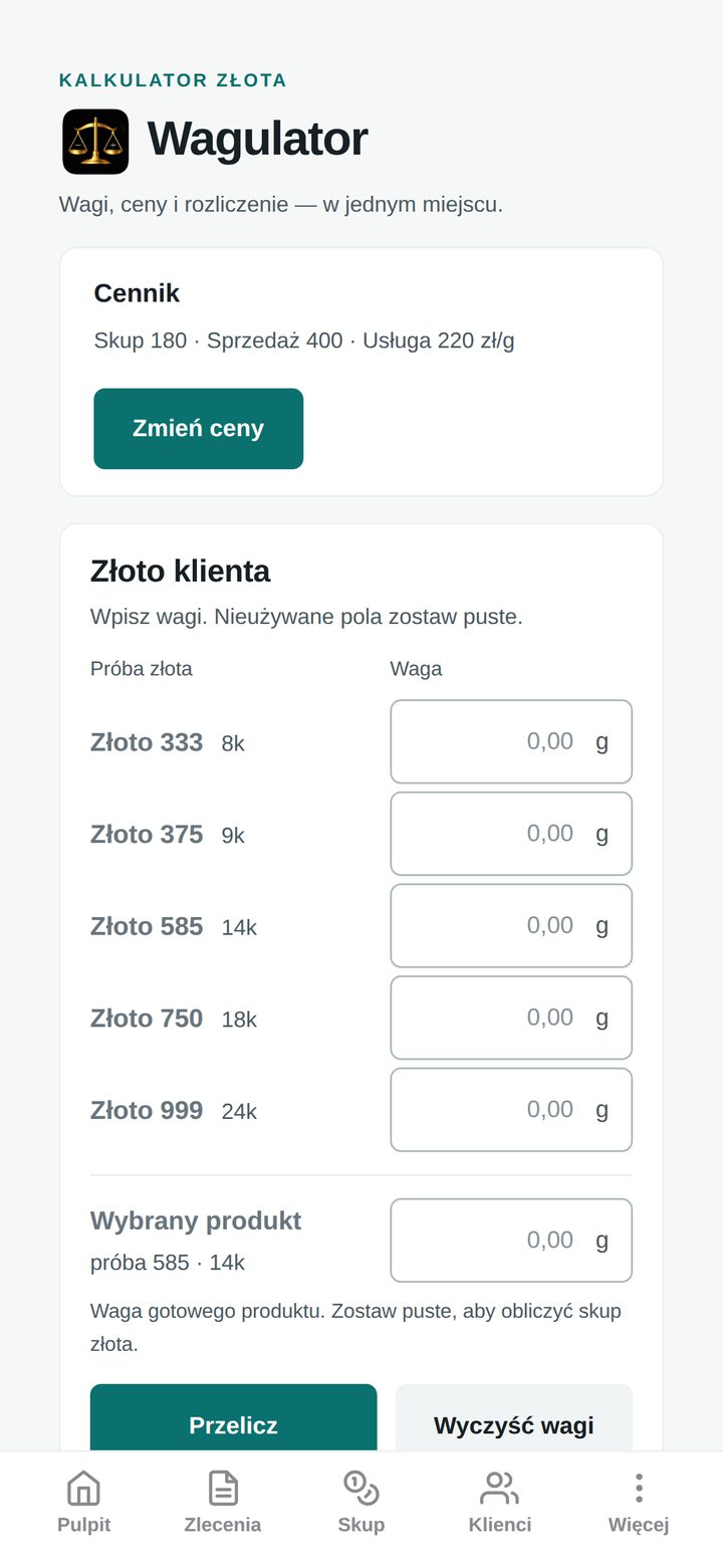 Wyzerowane pola wag i schowane rozliczenie po kliknięciu Wyczyść wagi (telefon)