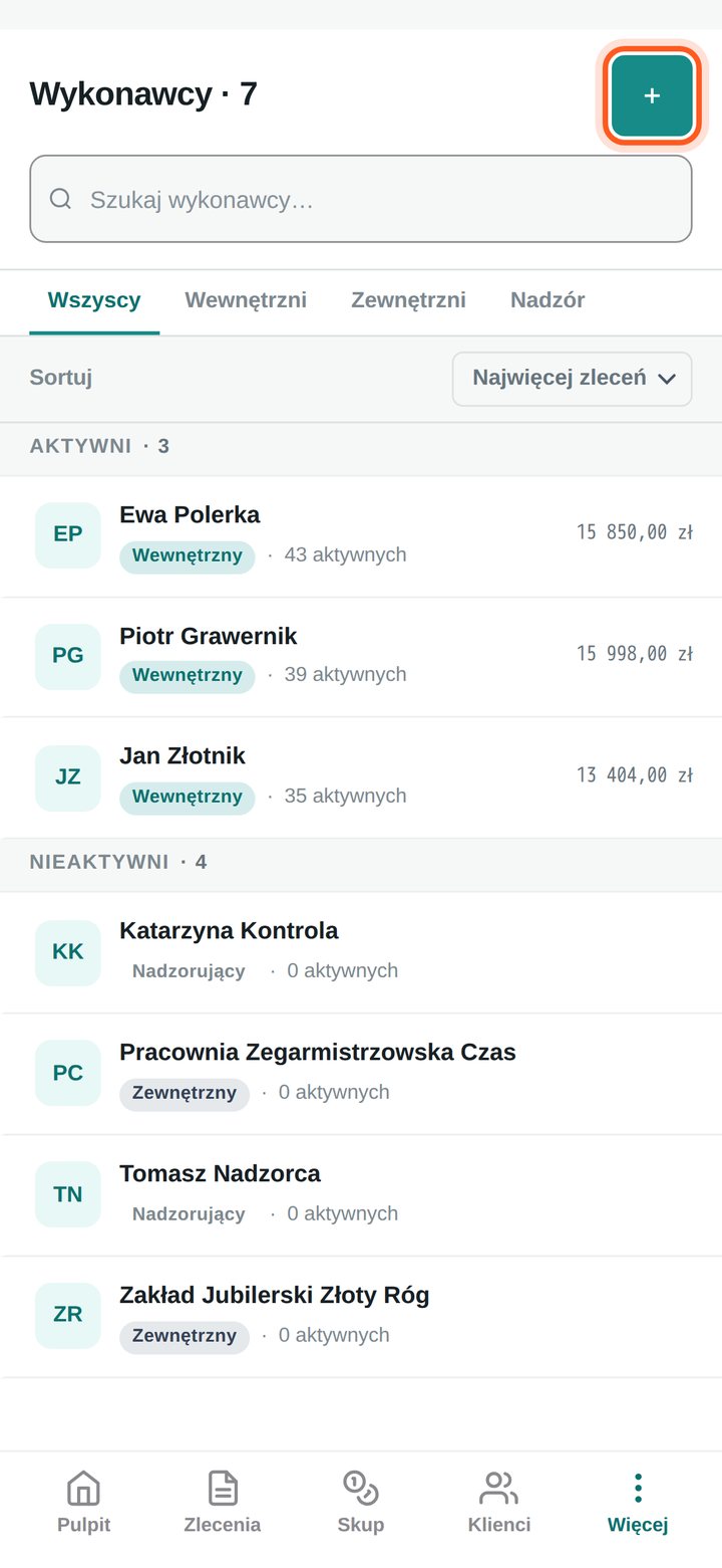 Lista wykonawców z zaznaczonym przyciskiem dodawania (telefon)