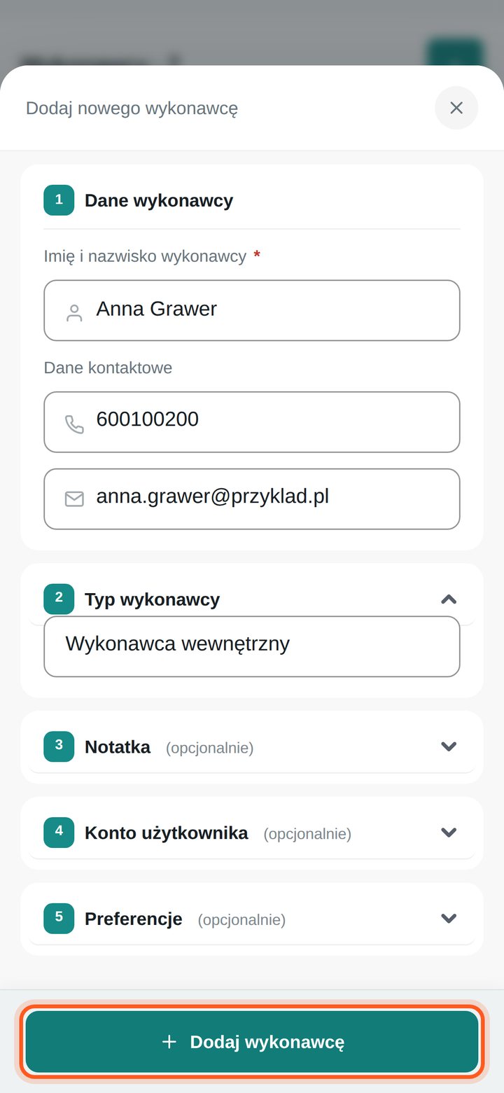Zaznaczony przycisk Dodaj wykonawcę na dole formularza (telefon)
