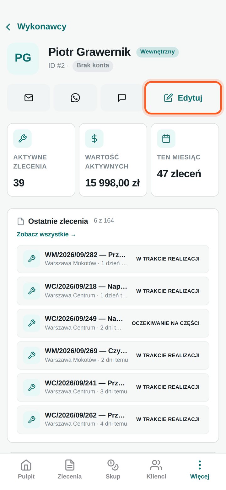 Karta wykonawcy z zaznaczonym przyciskiem Edytuj (telefon)