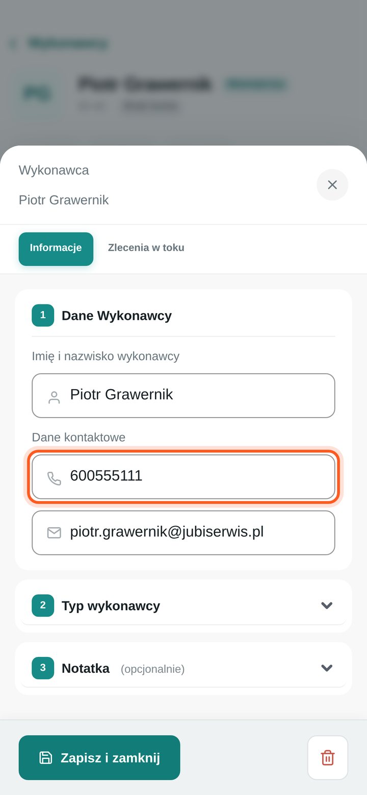 Formularz edycji wykonawcy z poprawionym numerem telefonu (telefon)
