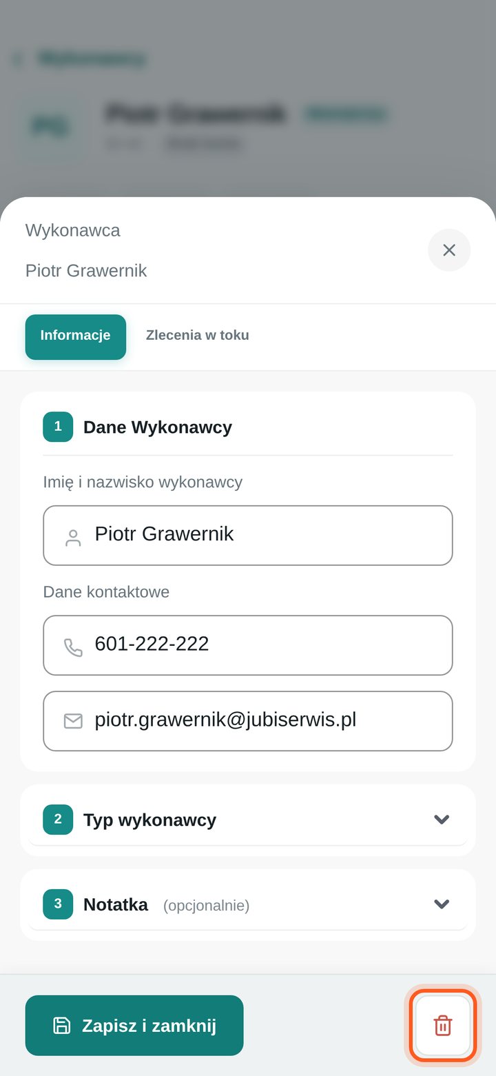 Formularz edycji wykonawcy z zaznaczoną ikoną kosza (telefon)
