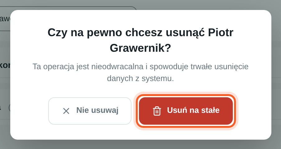 Okno potwierdzenia usunięcia wykonawcy z przyciskami Nie usuwaj i Usuń na stałe (komputer)