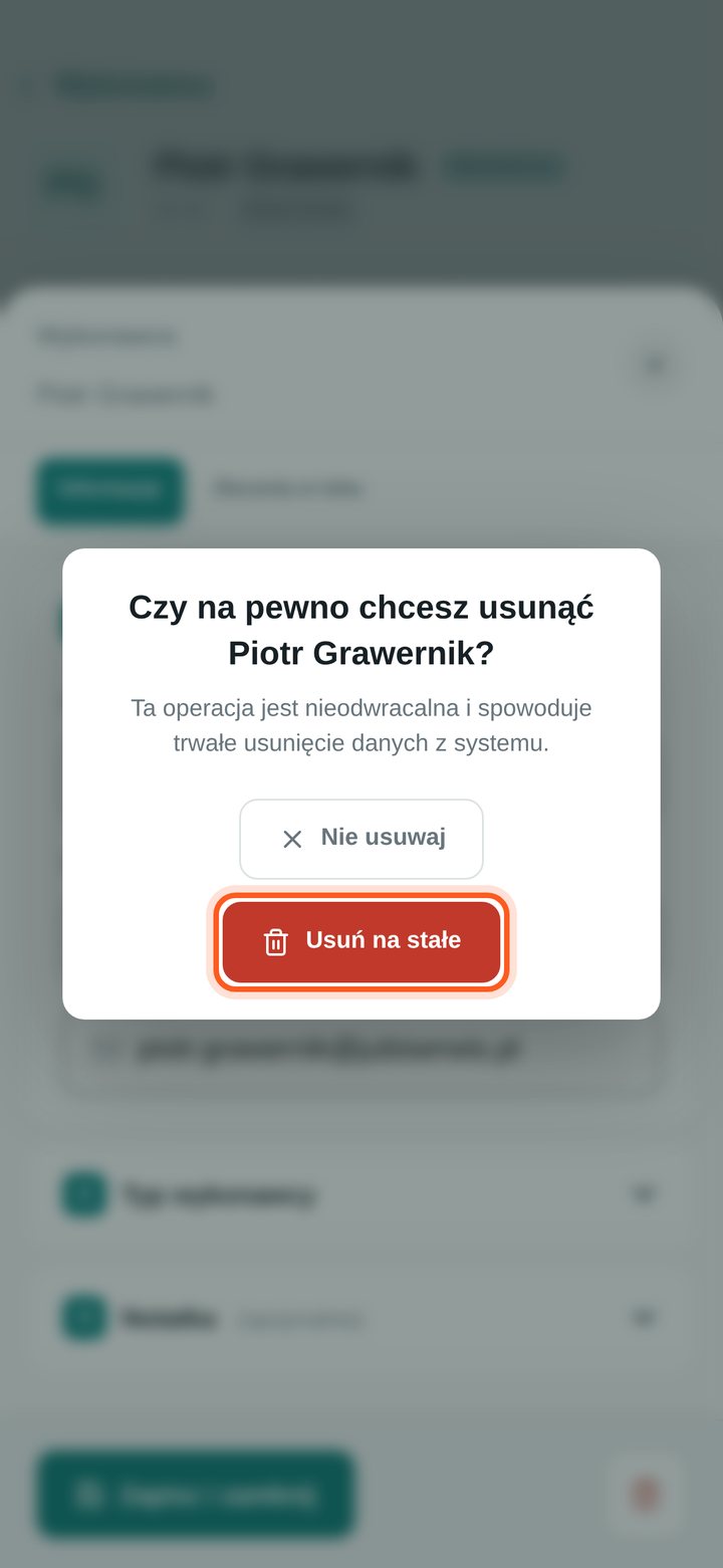 Okno potwierdzenia usunięcia wykonawcy z przyciskami Nie usuwaj i Usuń na stałe (telefon)