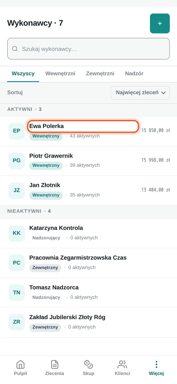 Lista wykonawców z zaznaczonym wierszem Ewa Polerka (telefon)