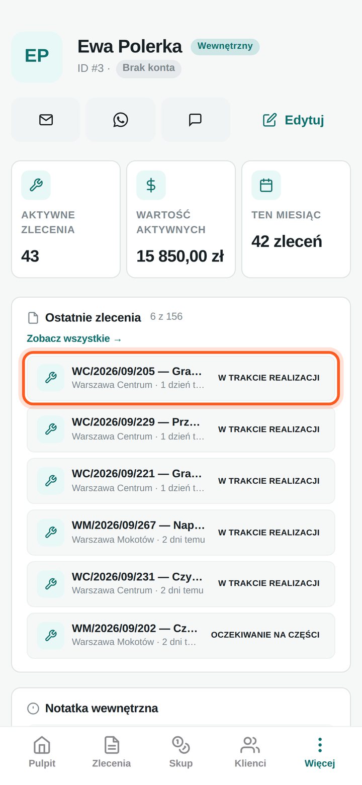 Karta wykonawcy z zaznaczonym pierwszym zleceniem na liście Ostatnie zlecenia (telefon)