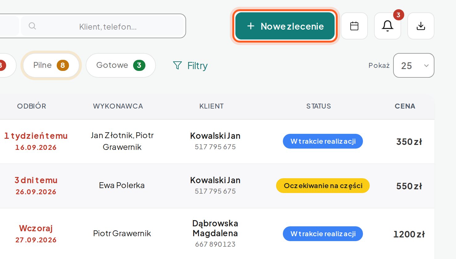 Lista zleceń z zaznaczonym przyciskiem Nowe zlecenie (komputer)